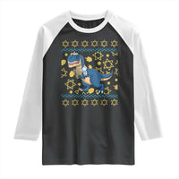 Funny Hanukkah Dinosaur Lover Ugly Sweater Raglan Shirt Festival Of Lights Gift - Wonder Print Shop