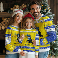 Meowzel Tov Hanukkah Ugly Sweater Black Cat Playing Dreidel Menorah Gift - Wonder Print Shop