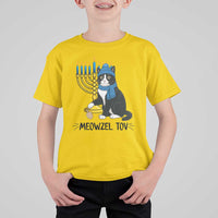Meowzel Tov T Shirt For Kid Black Cat Playing Dreidel Menorah Hanukkah Gift - Wonder Print Shop