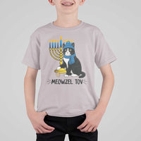 Meowzel Tov T Shirt For Kid Black Cat Playing Dreidel Menorah Hanukkah Gift - Wonder Print Shop