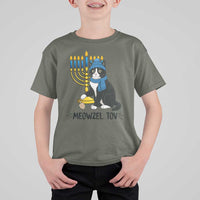 Meowzel Tov T Shirt For Kid Black Cat Playing Dreidel Menorah Hanukkah Gift - Wonder Print Shop