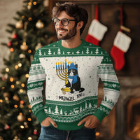 Meowzel Tov Ugly Christmas Sweater Black Cat Playing Dreidel Menorah Hanukkah Gift - Wonder Print Shop