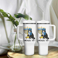 Meowzel Tov Tumbler With Handle Black Cat Playing Dreidel Menorah Hanukkah Gift - Wonder Print Shop