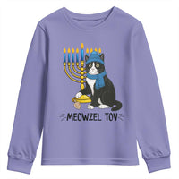 Meowzel Tov Youth Sweatshirt Black Cat Playing Dreidel Menorah Hanukkah Gift - Wonder Print Shop