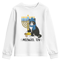 Meowzel Tov Youth Sweatshirt Black Cat Playing Dreidel Menorah Hanukkah Gift - Wonder Print Shop
