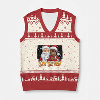 Six Seven Meme Santa Bigfoot V-Neck Knit Sweater Vest 67 Viral Gen Alpha Slang Xmas Gift - Wonder Print Shop