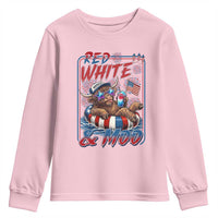 Funny Highland Cow Pool Party 4th Of July Youth Sweatshirt Red White And Moo