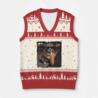 Funny Pitbull Drinking Coffee V-Neck Knit Sweater Vest Dog Meme Caffeine Graphic