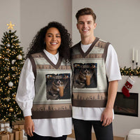 Funny Pitbull Drinking Coffee V-Neck Knit Sweater Vest Dog Meme Caffeine Graphic