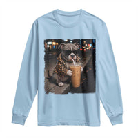 Funny Pitbull Drinking Coffee Long Sleeve Shirt Dog Meme Caffeine Graphic