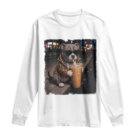 Funny Pitbull Drinking Coffee Long Sleeve Shirt Dog Meme Caffeine Graphic