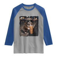 Funny Pitbull Drinking Coffee Raglan Shirt Dog Meme Caffeine Graphic
