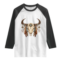 Vintage Southwestern Cow Skull Raglan Shirt Boho Feather Western Graphic