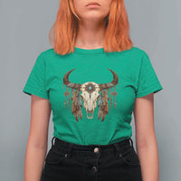 Vintage Southwestern Cow Skull T Shirt For Women Boho Feather Western Graphic