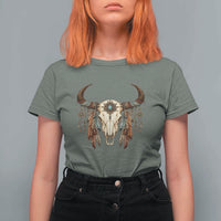 Vintage Southwestern Cow Skull T Shirt For Women Boho Feather Western Graphic