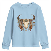 Vintage Southwestern Cow Skull Youth Sweatshirt Boho Feather Western Graphic