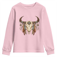 Vintage Southwestern Cow Skull Youth Sweatshirt Boho Feather Western Graphic