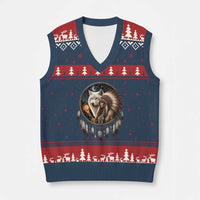 Vintage Native American Woman With White Wolf Graphic V-Neck Knit Sweater Vest