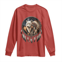 Vintage Native American Woman With White Wolf Graphic Long Sleeve Shirt
