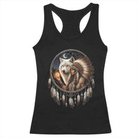 Vintage Native American Woman With White Wolf Graphic Racerback Tank Top