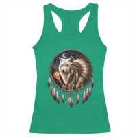 Vintage Native American Woman With White Wolf Graphic Racerback Tank Top