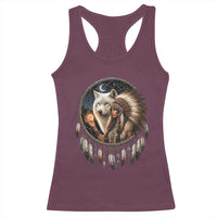 Vintage Native American Woman With White Wolf Graphic Racerback Tank Top