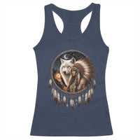 Vintage Native American Woman With White Wolf Graphic Racerback Tank Top