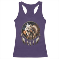 Vintage Native American Woman With White Wolf Graphic Racerback Tank Top
