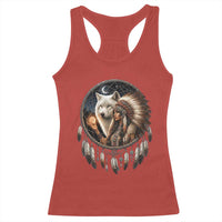 Vintage Native American Woman With White Wolf Graphic Racerback Tank Top