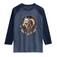 Vintage Native American Woman With White Wolf Graphic Raglan Shirt