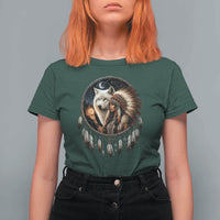 Vintage Native American Woman With White Wolf Graphic T Shirt For Women
