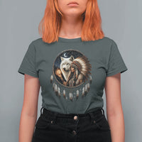 Vintage Native American Woman With White Wolf Graphic T Shirt For Women
