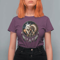 Vintage Native American Woman With White Wolf Graphic T Shirt For Women