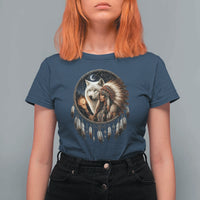 Vintage Native American Woman With White Wolf Graphic T Shirt For Women