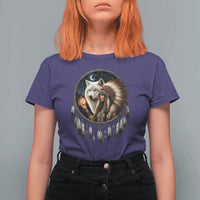 Vintage Native American Woman With White Wolf Graphic T Shirt For Women