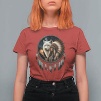 Vintage Native American Woman With White Wolf Graphic T Shirt For Women