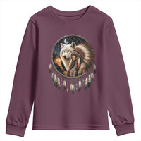 Vintage Native American Woman With White Wolf Graphic Youth Sweatshirt