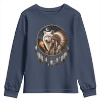 Vintage Native American Woman With White Wolf Graphic Youth Sweatshirt