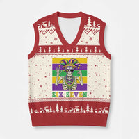 Funny Mardi Gras Skeleton V-Neck Knit Sweater Vest Six Seven Meme