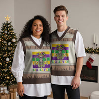 Funny Mardi Gras Skeleton V-Neck Knit Sweater Vest Six Seven Meme