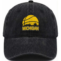 Vintage Michigan Skyline Washed Cotton Baseball Cap Basketball Lover Gift