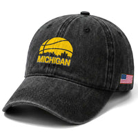 Vintage Michigan Skyline Washed Cotton Baseball Cap Basketball Lover Gift