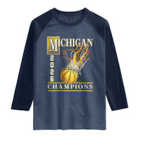 Michigan 2026 Flaming Hoop Basketball Lover Raglan Shirt Champions Victory Graphic Sports Fan