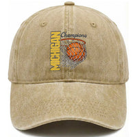 Vintage Michigan Hoops Pride Washed Cotton Baseball Cap Retro Blue And Gold Champions Victory Graphic Sports Fan