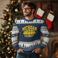 Michigan Never Stops Ugly Christmas Sweater Great Lakes State Basketball Pride Gift