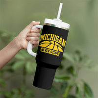 Michigan Never Stops Tumbler With Handle Great Lakes State Basketball Pride Gift