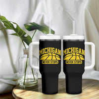 Michigan Never Stops Tumbler With Handle Great Lakes State Basketball Pride Gift