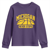 Michigan Never Stops Youth Sweatshirt Great Lakes State Basketball Pride Gift