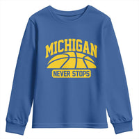 Michigan Never Stops Youth Sweatshirt Great Lakes State Basketball Pride Gift
