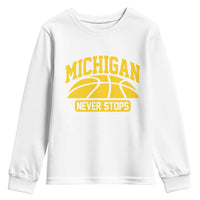 Michigan Never Stops Youth Sweatshirt Great Lakes State Basketball Pride Gift